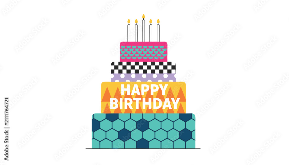Fototapeta premium Magnificent six tiered colorful birthday cake decorated with beautiful patterns and burning candles on top surface.
