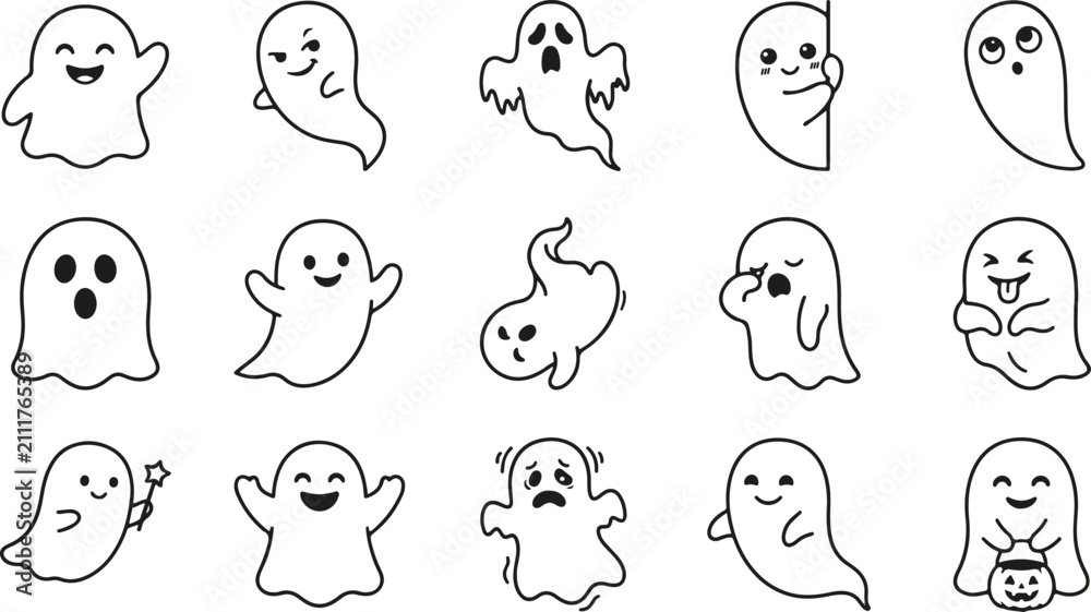 Fototapeta premium Set of cute hand drawn ghosts with various funny expressions isolated on a white background for halloween design projects