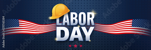 Labor Day banner design with yellow hard hat bold text and American flags on dark blue background