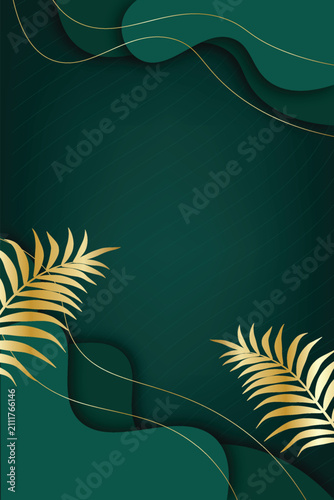 Green luxury background with golden leaves