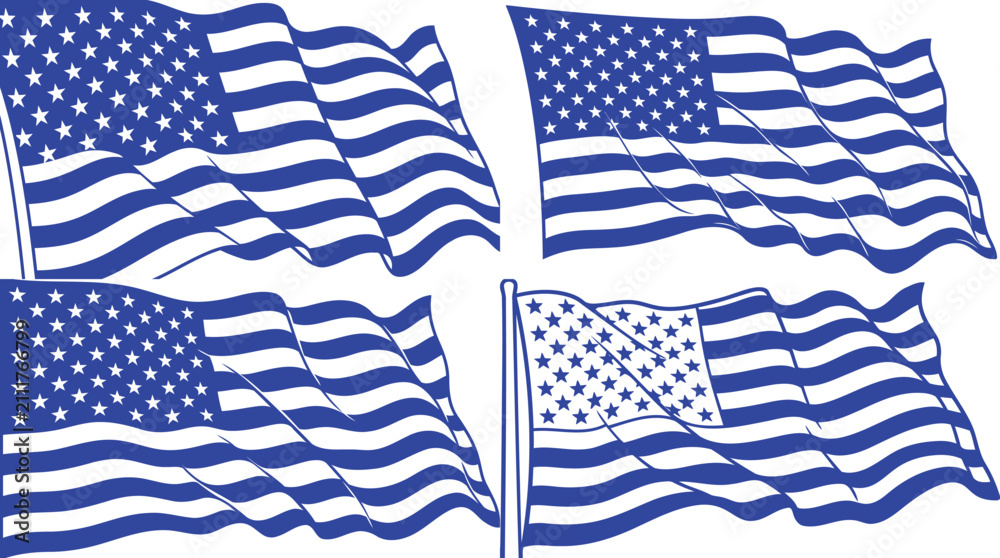 Fototapeta premium Four waving american flags in blue silhouette against a white background