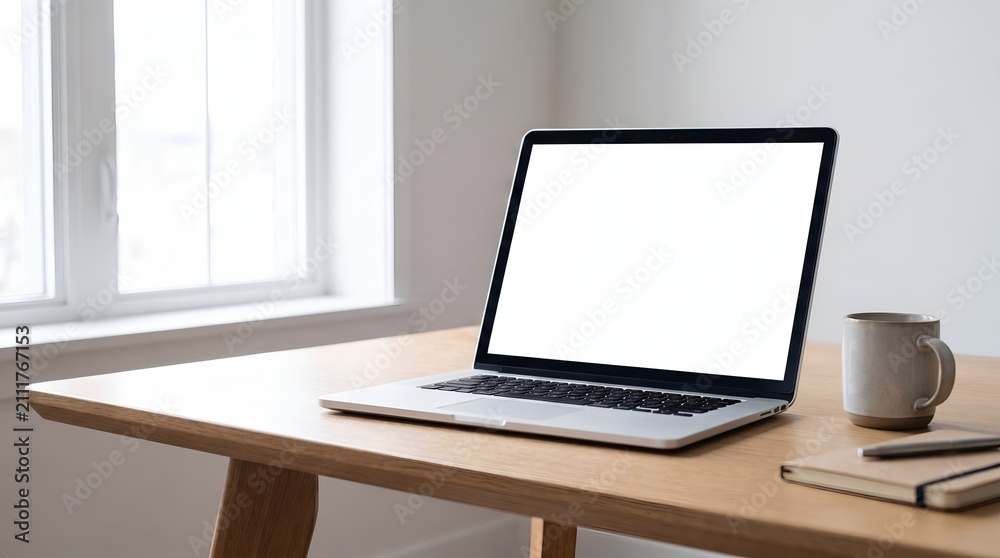 Fototapeta premium Laptop with blank screen on wooden desk with coffee mug and notebook.