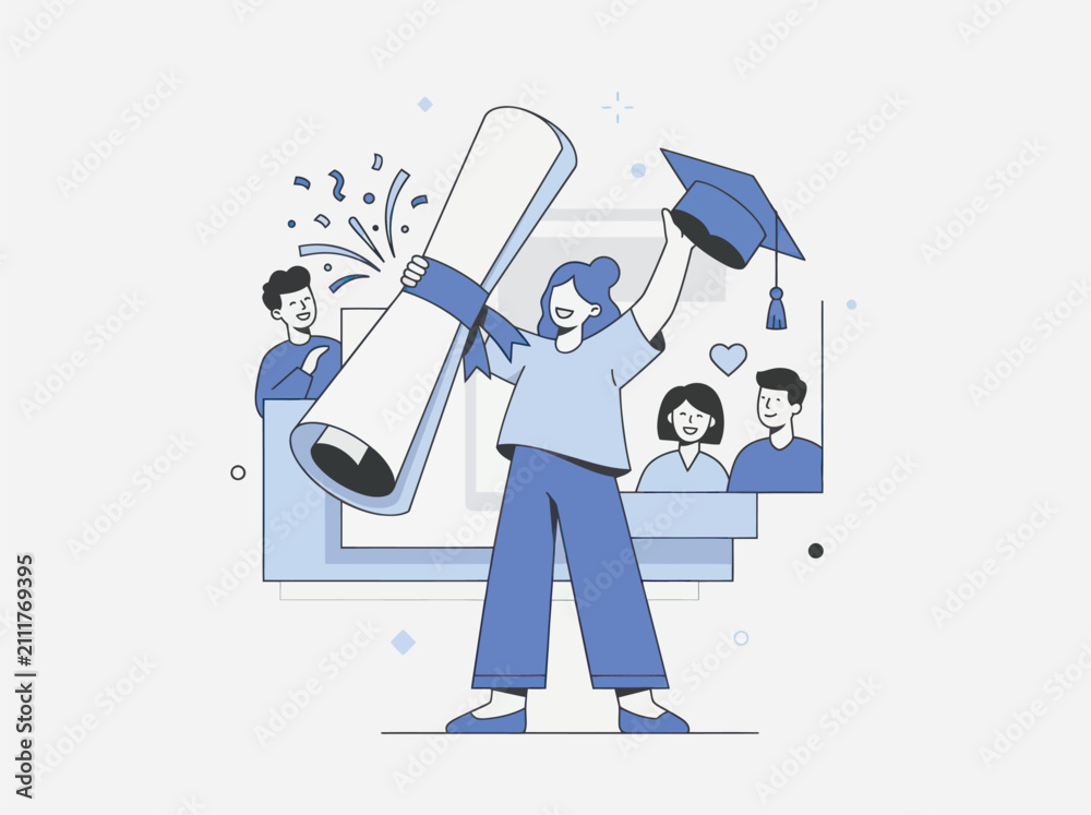 Fototapeta premium Graduation celebrates student success with diploma and cap while friends cheer in modern graphic style