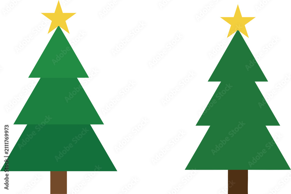 Fototapeta premium Two green christmas trees with gold stars on a white background silhouette