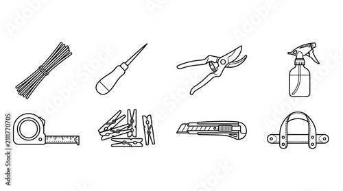 Set of DIY tools and accessories including tape measure, scissors, spray bottle, screw, hinge, utility knife, clothespins, and harness for home improvement or craft projects