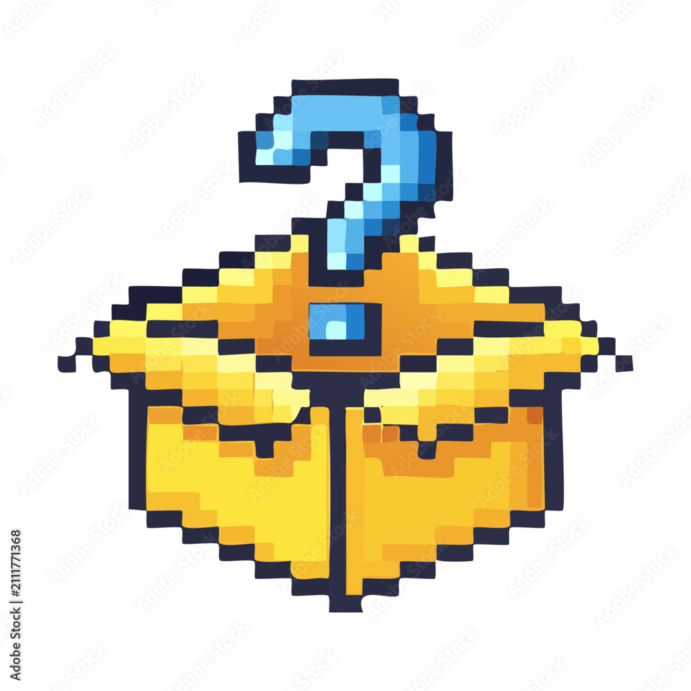 Fototapeta premium Pixel art illustration of open surprise box with question mark mystery loot reward icon retro digital video game UI asset vector