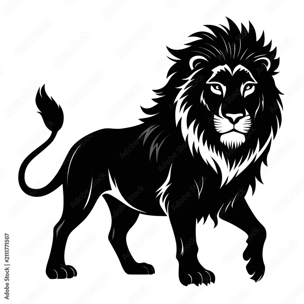 Fototapeta premium Majestic lion vector illustration, black and white wild cat mascot, powerful standing lion silhouette icon for sports team logo design
