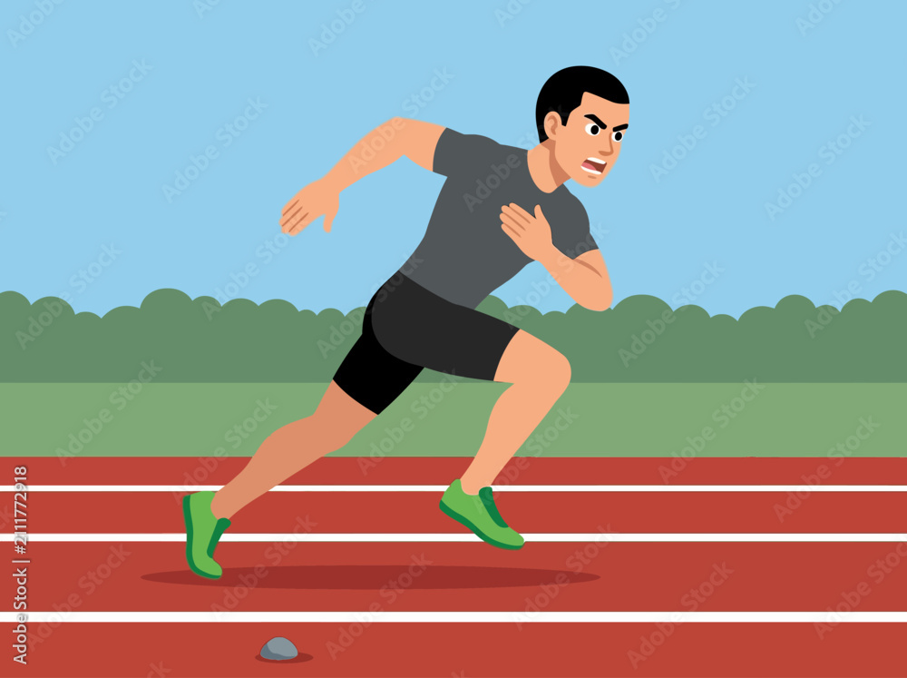 Obraz premium Determined Male Athlete Sprinting on Red Running Track Vector Illustration