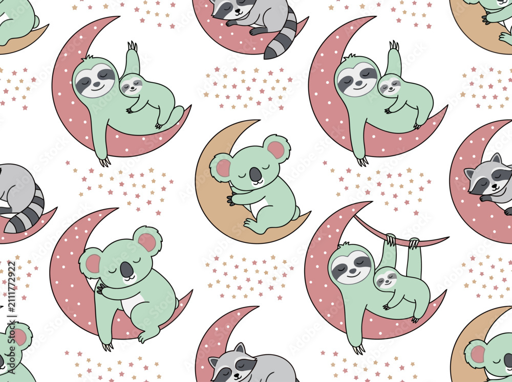 Fototapeta premium Cute Animals Sleeping on Moon Seamless Pattern for Kids Nursery Decor