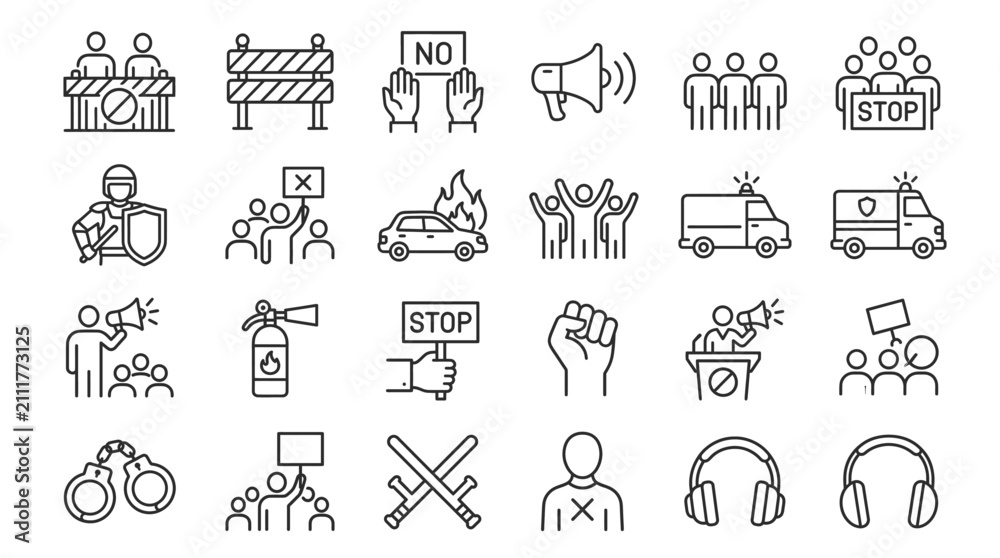 Fototapeta premium Set of black and white protest and social movement line icons including demonstrators police ambulance and megaphone