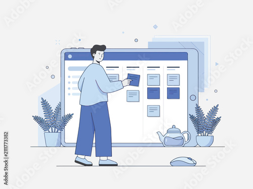 Man organizing sticky notes on a digital board with plants and a teapot a modern office with a calm mood
