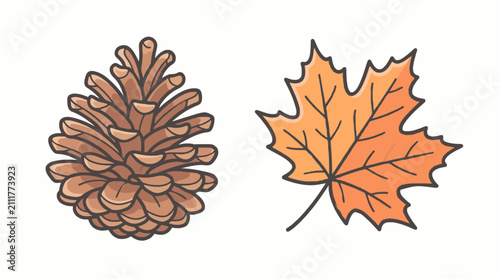 Rustic Pinecone with Autumn Maple Leaf Line Art Icon