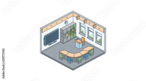 A neat isometric classroom with modern educational furniture