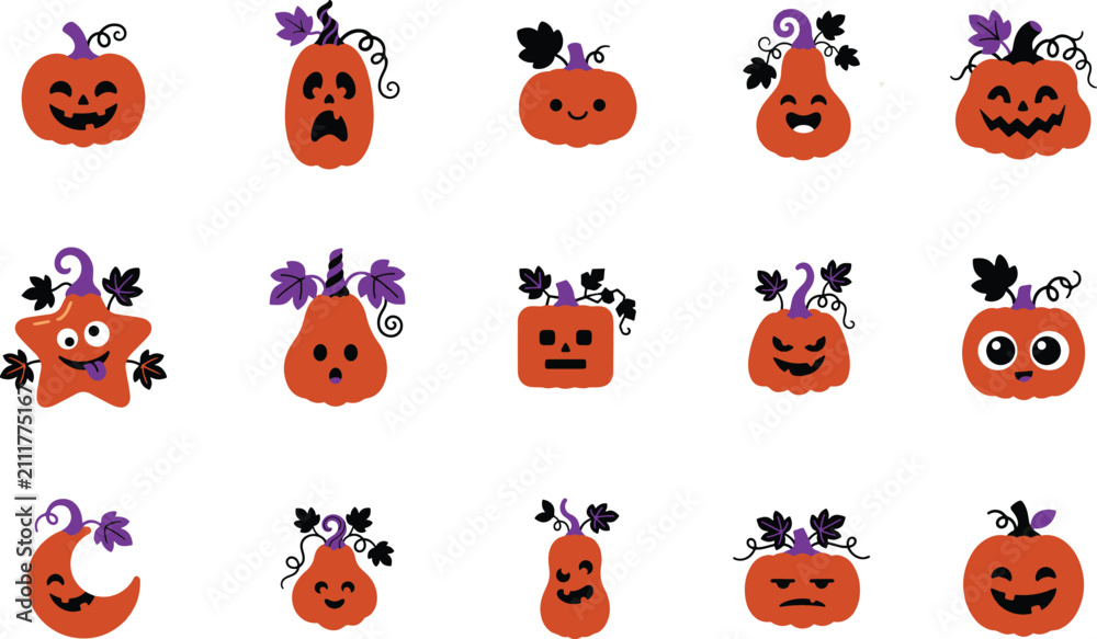 Fototapeta premium A collection of cute cartoon pumpkin stickers with various funny expressions for halloween decorations and seasonal holiday graphic design