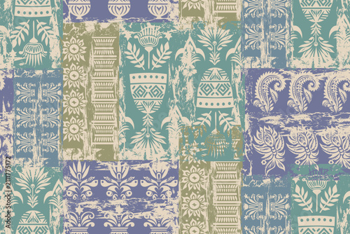 Vintage Boho Patchwork Seamless Pattern Tribal Ethnic Floral Damask Grunge Vector Background for Fabric Textile, Wallpaper Art Design, Fashion and Home Decor