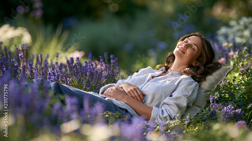 Elegant woman relaxing among lavender salvia and native flowers showcasing biodiversity friendly drought tolerant Mediterranean wellness