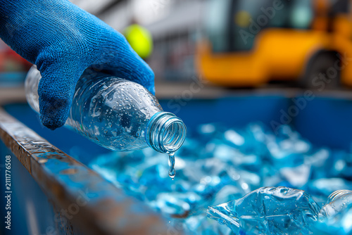 Worker Hand In Blue Glove Holds Plastic Bottle Emptying Liquid Into A Recycling Bin At A Facility