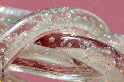 Abstract Swirl Of Transparent Glass Tubes With Glittering Sparkles And Red Hues On Pink Background