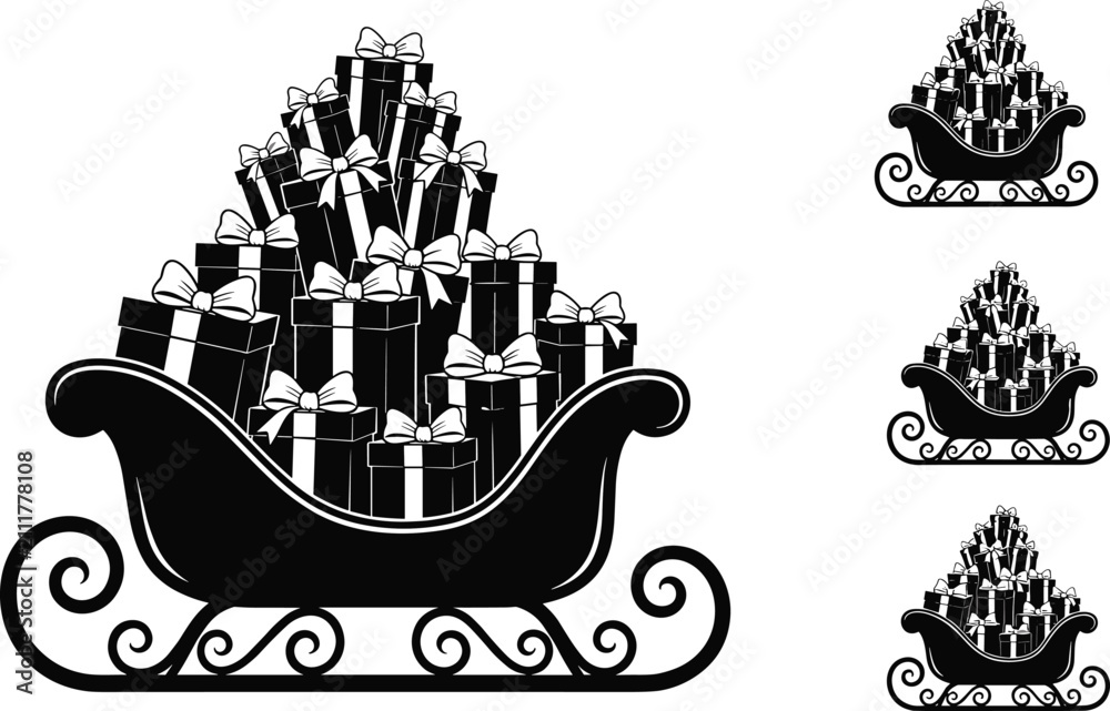 Fototapeta premium Christmas sleigh silhouette, gift boxes, holiday vector, festive design, black icon, seasonal graphic, minimal style, celebration elements, decoration