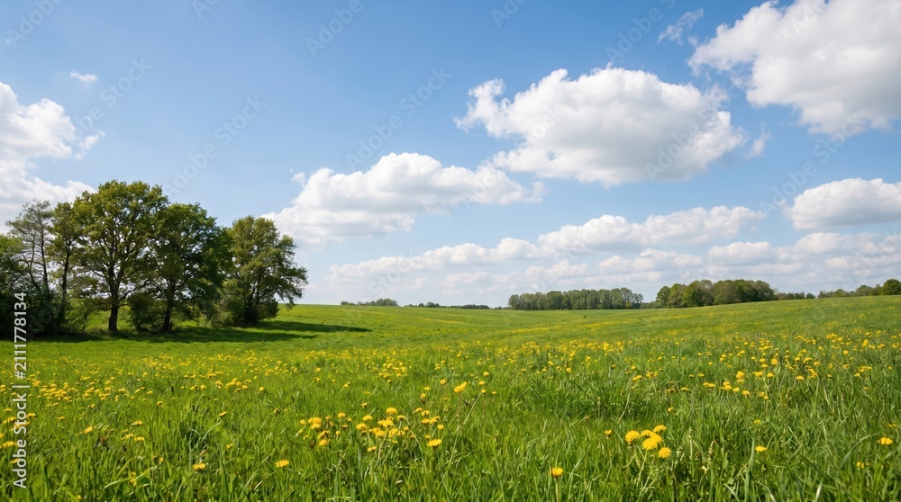 Obraz premium Green meadow filled with yellow dandelion flowers under a bright blue sky with white fluffy clouds and a line of green deciduous trees on the horizon of a rolling countryside landscape