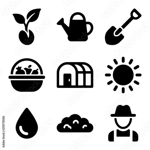 Set of Farming and Gardening Icons Showing Growth and Harvest