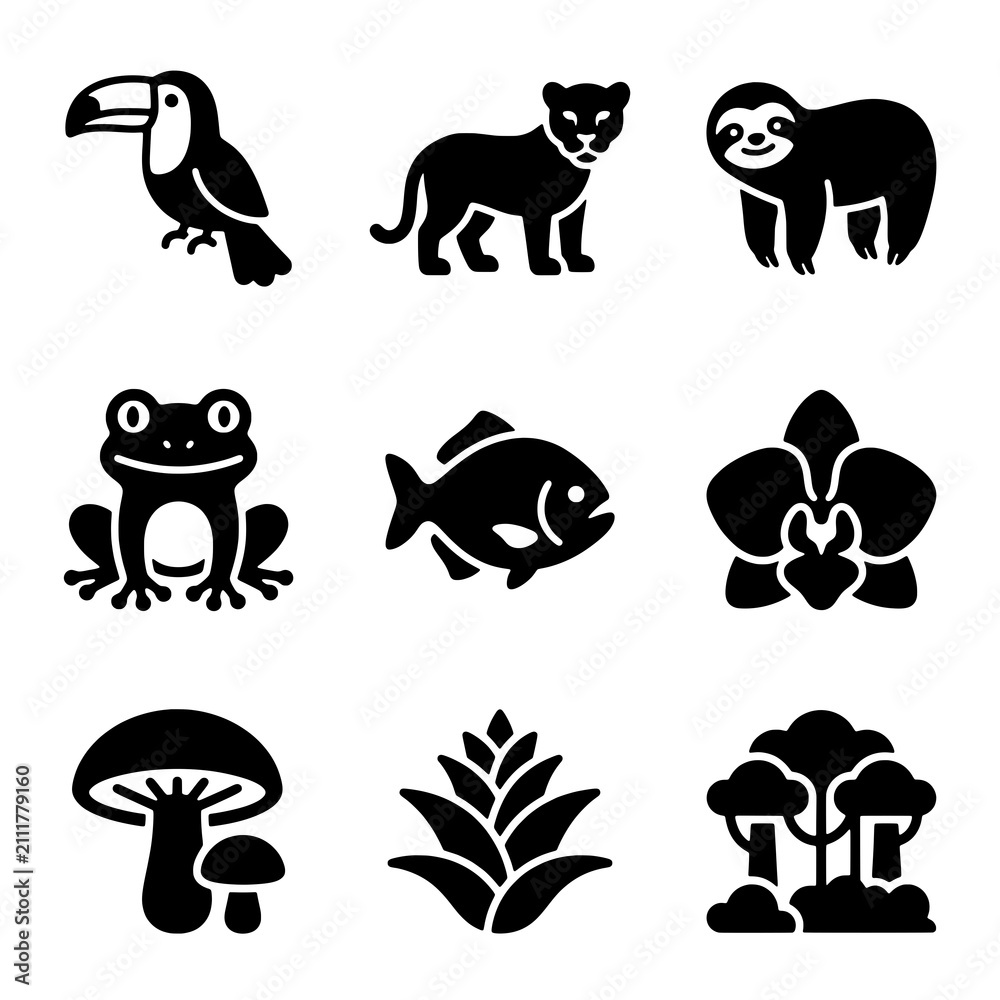 Fototapeta premium Collection of Stylized Black Animal and Nature Icons Representing Diverse Ecosystems