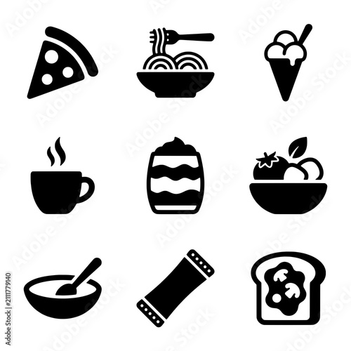 Set of Nine Silhouette Food and Drink Icons Including Pizza, Spaghetti, Ice Cream, Coffee, Dessert, Salad, Soup, Pasta, and Toast