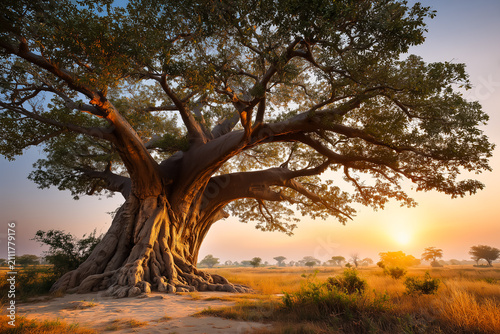 Ancient Majestic Baobab Tree Standing In The Golden Savanna At Sunset With Warm Sunlight Rays