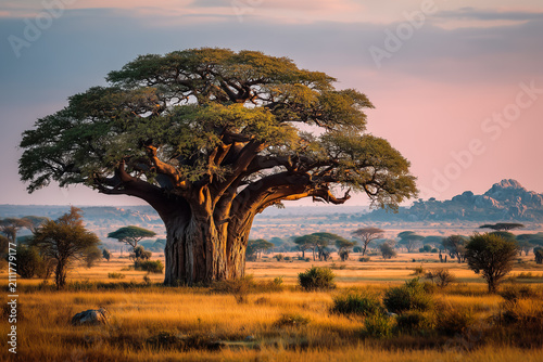 Ancient Majestic Baobab Tree Standing Alone In The Vast African Savannah At Warm Golden Hour Sunset