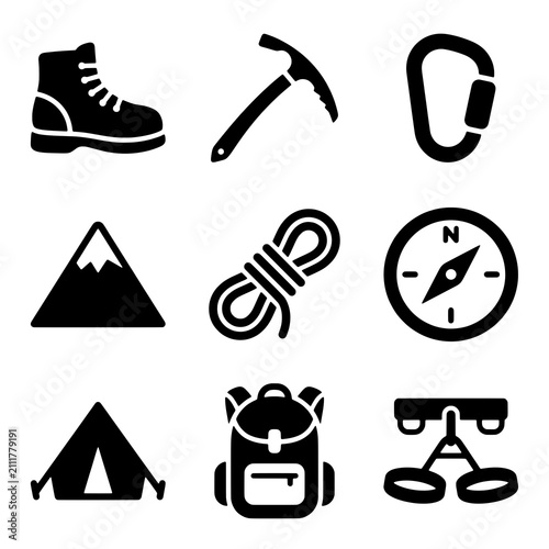 Set of Outdoor Adventure and Camping Equipment Icons for Mountaineering
