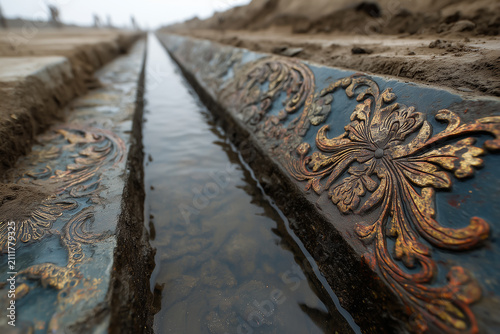 Ancient Ornate Stone Canal With Intricate Gold Floral Engravings And Flowing Water In Dusty Terrain