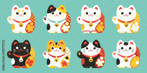 Maneki Neko Cats In Colorful Vector Illustration Style