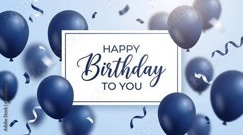 Elegant navy blue birthday greeting card featuring floating glossy balloons and festive paper confetti streamers with rectangular frame surrounded