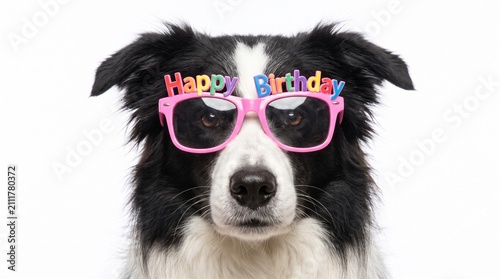 Black and white border collie dog wearing colorful happy birthday plastic party glasses studio portrait with plain white background bright pink birthday