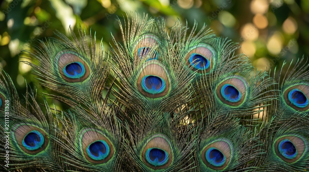 Fototapeta premium Macro shot of iridescent peacock tail feathers displaying multiple eye patterns with vibrant blue and green circular markings against a soft blurred natural garden background