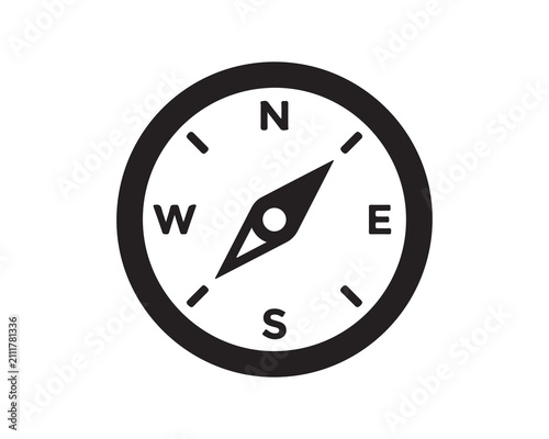 Minimalist black and white compass on white background. Directional navigation icon for travel, business, and decision-making concepts.