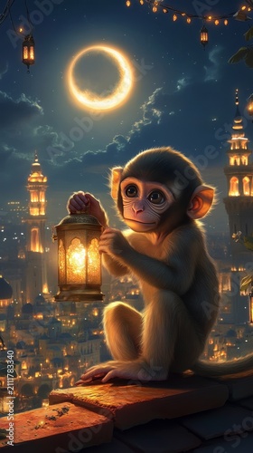 Playful baby monkey holding lit lantern at night with glowing moon and city lights