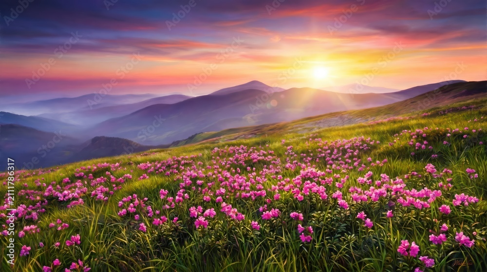 Obraz premium Vibrant pink rhododendron flowers blooming on a grassy mountain hillside during a golden sunrise with purple and orange clouds filling the sky over distant layered mountain ranges