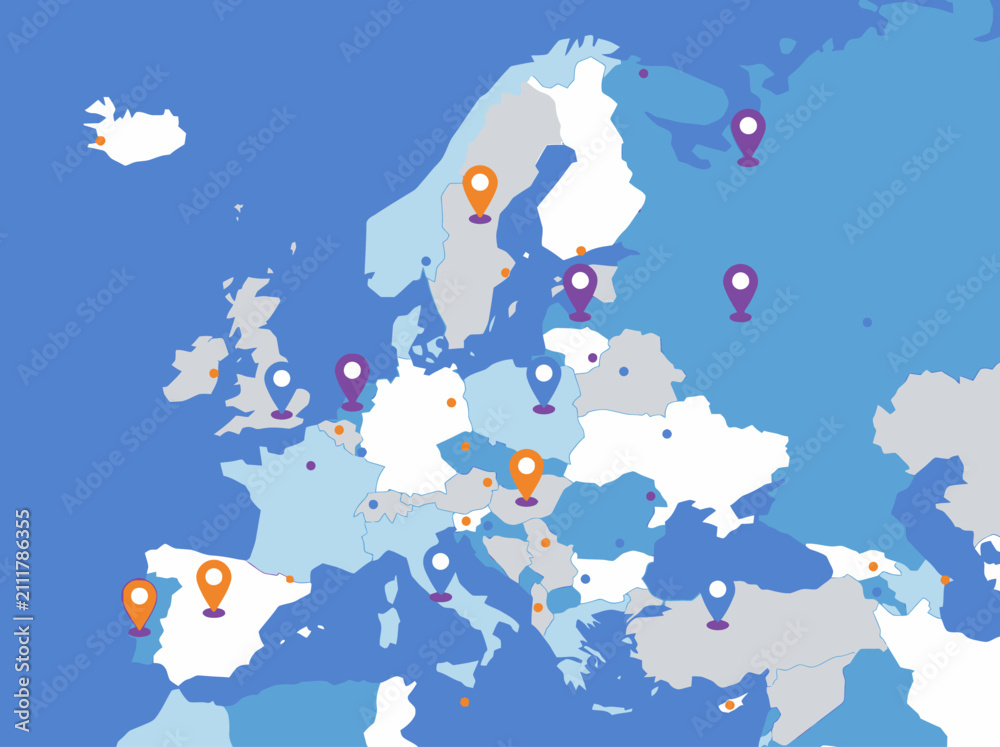 Obraz premium Europe Map with Colorful Location Pins for Travel, Logistics, and Global Business Networking