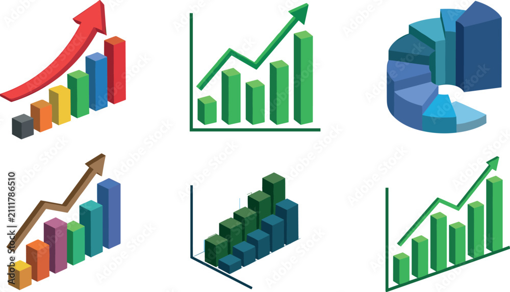 Fototapeta premium Isometric Business Financial Chart and Infographic Vector Set with 3D Bar Graphs, Growth Arrows, and Spiral Pie Chart Symbols for Financial Market Analysis Reports