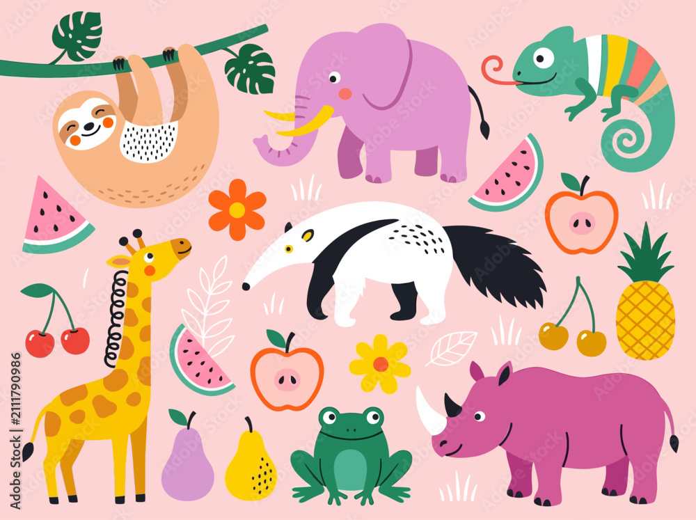 Fototapeta premium Cute Jungle Animal and Fruit Vector Set on Pink Background