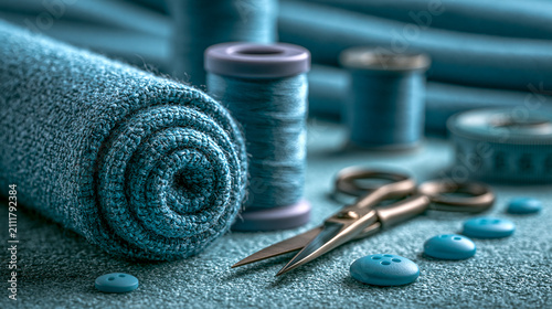Tailoring supplies with blue fabric rolls thread spools buttons and vintage