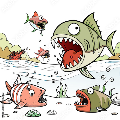 Cute Cartoon Fish Collection Seamless Underwater Marine Animal Pattern with Funny Tropical Sea Creatures Vector Illustration
