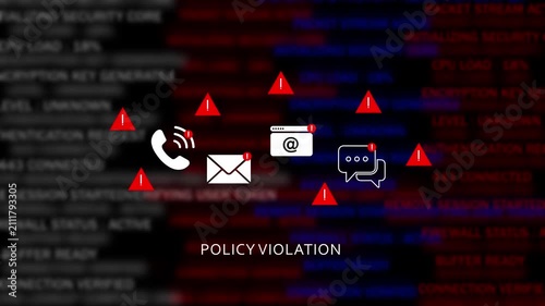 Cybersecurity policy violation alert concept featuring digital communication warning symbols, and abstract server log data background, for network security, data privacy, and, information technology