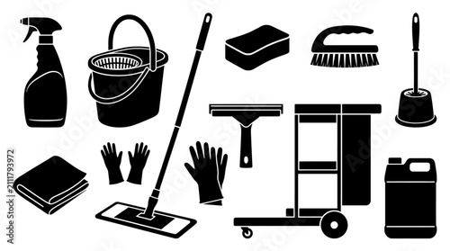 Картината върху платно Set of black silhouette cleaning tools and supplies on white background