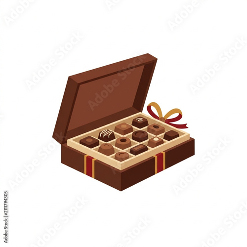 Open box of assorted chocolate truffles with ribbon.
