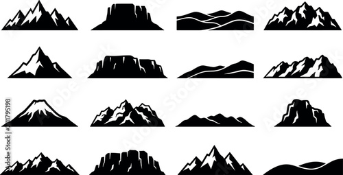 Fotografía Set of black mountain silhouettes and various geological rock landscape icons wi
