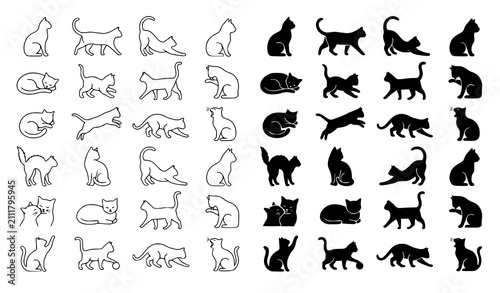 Schilderij op canvas Cat Silhouette and Line Icon Vector Set with Different Poses Black and Outline K