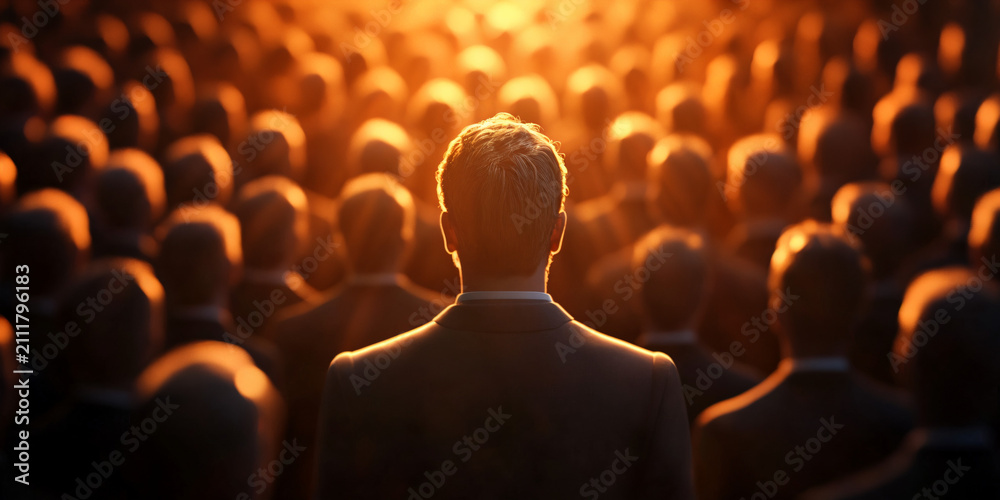 Fototapeta premium Visionary leader standing before a large crowd, back view of a businessman facing an audience, golden sunset lighting over a corporate assembly