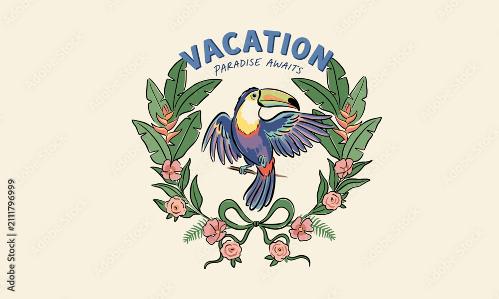Obraz premium Retro toucan paradise vacation graphic with tropical flowers and banana leaves for t-shirt design.